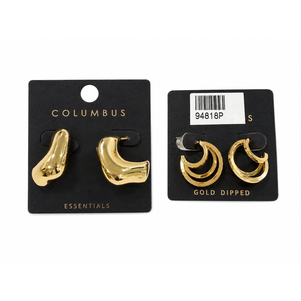 2 pairs Columbus gold dipped brass Hoop Earrings Lot Gold Chunky Textured Hoop